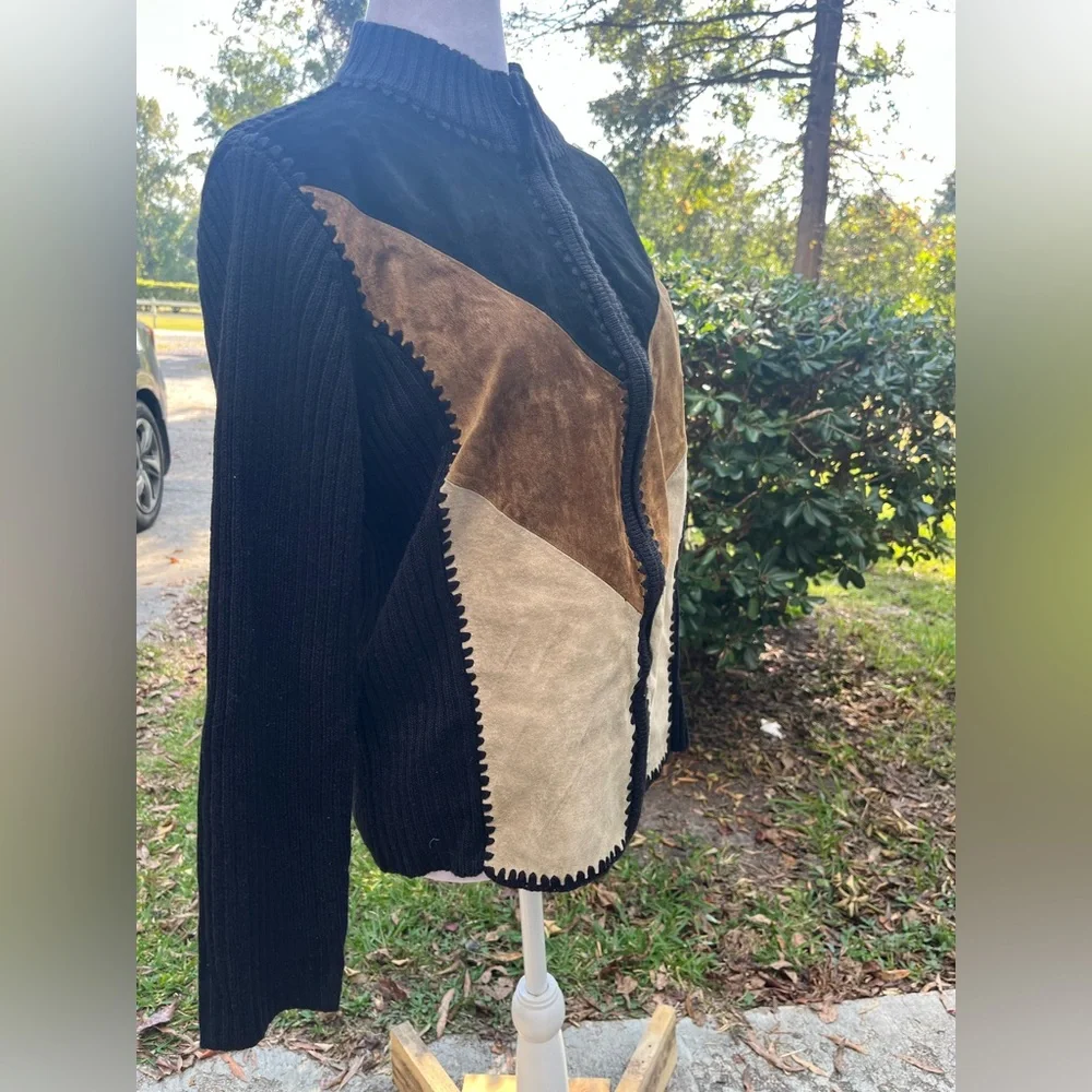 Designers Studio Originals Sweater Leather Suede Patchwork Zip Y2K Retro Women L - Picture 6 of 7